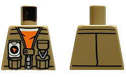 Lego Torso Vest with Pockets, Silver Zipper and GPS with Compass over Orange Shirt with White Collar Pattern / Dark Tan