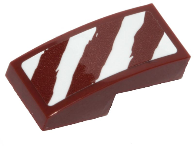 Lego Slope, Curved 2 x 1 x 2/3 with 4 Rugged White Diagonal Stripes on Reddish Brown Background Pattern Model Right Side (Sticker) - Set 75254