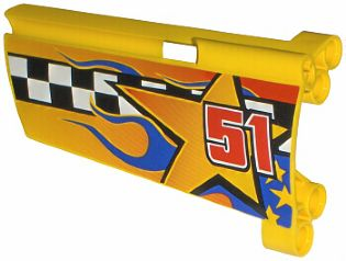 Lego Technic, Panel Fairing #21 Large Long, Small Hole, Side B with Checkered Flag, Stars, Blue Flames and '51' Pattern (Sticker) - Set 8651