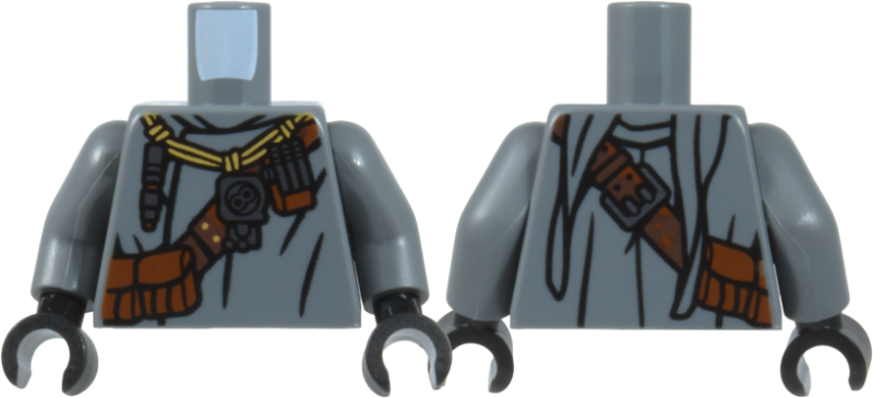 Lego Torso SW Jawa with Dark Brown and Reddish Brown Pouches and Strap, Tan Rope Necklace, Silver Buckle and Pendants, Black Folds Pattern / Dark Bluish Gray Arms / Black Hands