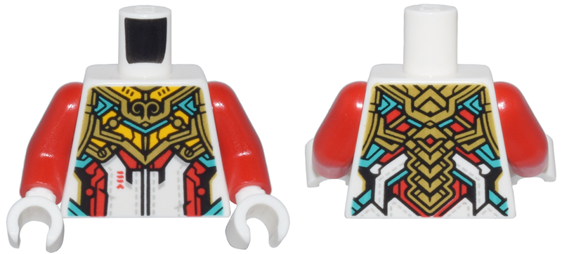 Lego Torso Armor Red, Bright Light Orange, and Dark Turquoise Trim and Gold Plates Pattern / Red Arms / White Hands