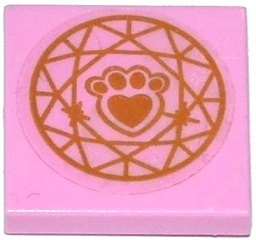 Lego Tile 2 x 2 with Gold Paw Print with Heart and Circular Geometric Pattern (Sticker) - Set 41142 / Bright Pink