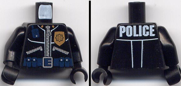 Lego Torso Police Leather Jacket, Gold Badge, Radio, Ammo Belt, Police Pattern on Back / Black Arms / Black Hands
