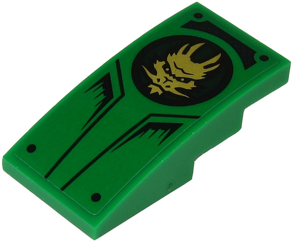 Lego Slope, Curved 4 x 2 with Gold Dragon Head in Circle and Black Lines and Dots Pattern (Sticker) - Set 71700