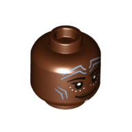 Lego Minifig Head Nakia, Sand Blue Markings, Dark Brown Lips, Smile / Angry with Clenched Teeth Print / Reddish Brown