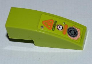 Lego Slope, Curved 3 x 1 with 'WARNING GASOLONE', Gauge and Rusted Filler Cap Pattern (Sticker) - Set 8959 / Lime