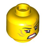 Lego Minifig Head Sora, Coral Eyeshadow and Lips, Gold Markings, Golden Eyes / Angry Grin print / Yellow