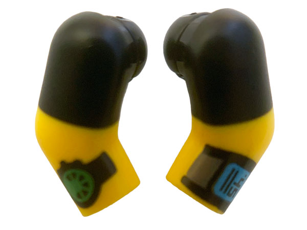Lego Arm, (Matching Left and Right) Pair with Black Short Sleeves, Watches Pattern / Yellow