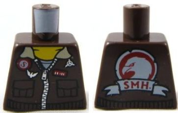 Lego Torso Aviator Leather Jacket with Pockets, Pins, Silver Zipper and Tan Collar over Shirt, Yellow Neck, Red and White Eagle Head Logo with Banner and 'SMH.' on Back Pattern / Dark Brown