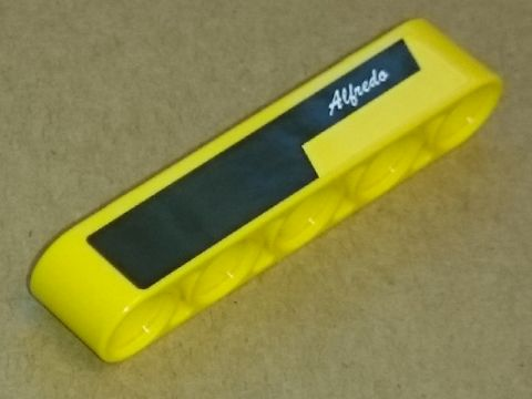 Lego Technic, Liftarm Thick 1 x 5 with 'Alfredo' and Black and Yellow Stripes Pattern Model Left Side (Sticker) - Set 8264
