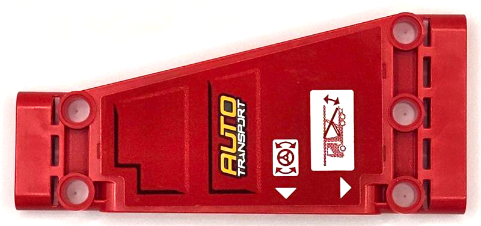 Lego Technic, Panel Plate 5 x 11 x 1 Tapered with 'AUTO TRANSPORT', White Triangles, Cab and Steering Wheel Pattern Model Front Left Side (Sticker) - Set 42098 / Red