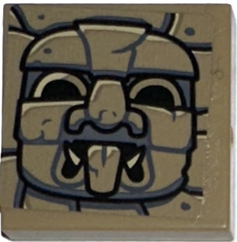 Lego Tile 2 x 2 with Black and Dark Bluish Gray Idol Head, Fangs and Tongue Sticking Out on Stone Background Pattern (Sticker) - Set 77015