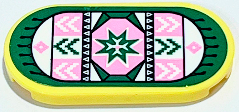 Lego Tile, Round 2 x 4 Oval with Rug with Bright Pink, Green and White Geometric Chevrons, Triangles and Squares and Black Fringe Pattern (Sticker) - Set 41702 / Bright Light Yellow