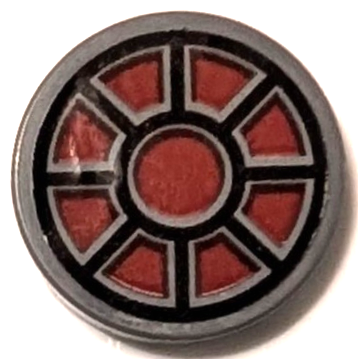 Lego Tile, Round 2 x 2 with Bottom Stud Holder with SW Dark Falcon Black Window Frame with Red Panes Pattern (Sticker) - Set 75389