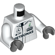 Lego Torso Race Suit with Boss, Mercedes-Benz, Petronas, Puma and UBS Logos, Front and Back Print, White Arms, Dark Bluish Gray Hands / White