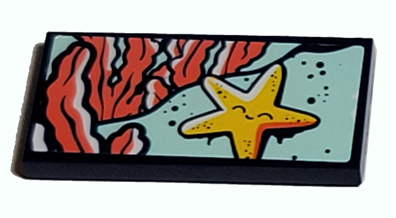 Lego Tile 2 x 4 with Yellow Starfish and Coral Seaweed Pattern (Sticker) - Set 41380 / Dark Blue