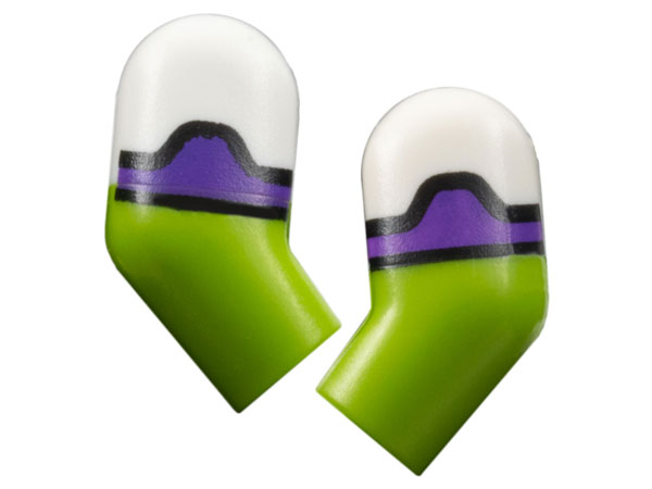 Lego Arm, (Matching Left and Right) Pair with Molded White Short Sleeves and Printed Black and Dark Purple Hems Pattern / Lime