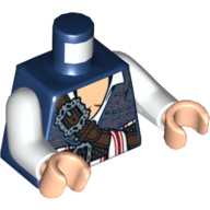 Lego Torso Brocade Vest with White Open Shirt over Tan Chest with Belts and Red and White Sash Print, White Arms, Light Nougat Hands / Dark Blue