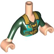 Lego Minidoll Torso Woman with Light Nougat Arms and Hands with Dark Green Dress, Gold Collar, Dark Turquoise Decorations Print / Light Nougat