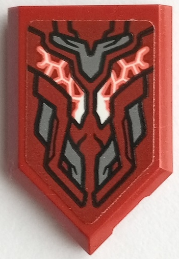 Lego Tile, Modified 2 x 3 Pentagonal with Armor with Black Outlines, Dark Bluish Gray Highlights, White and Coral Cosmic Energy Symmetrical Pattern (Sticker) - Set 76155 / Dark Red