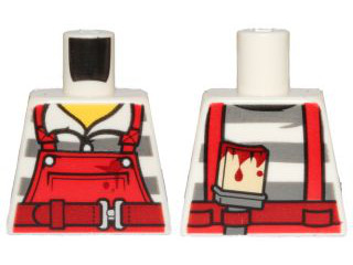 Lego Torso Overalls Red over Prison Stripes Shirt, Dark Red Belt, Dirt Stains and Paint Brush on Back Pattern / White