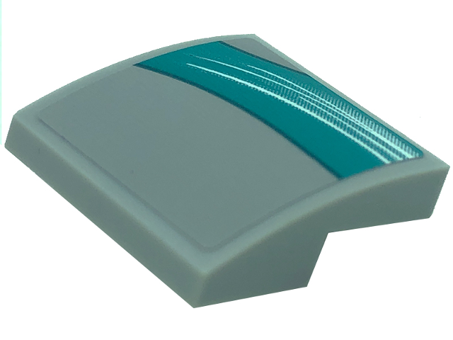 Lego Slope, Curved 2 x 2 x 2/3 with White Curved Lines on Dark Turquoise Background with Light Bluish Gray Corner Pattern Model Left Side (Sticker) - Set 76909