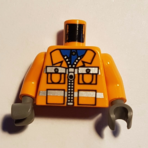 Lego Torso Construction Jacket with Zipper, Blue Shirt, Safety Stripes Print, Orange Arms, Dark Gray Hands / Orange