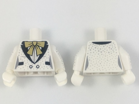 Lego Torso Female Tuxedo Jacket, Large Gold Bow, Black Lapels and Pockets, Silver Speckles Pattern / White Arms with Silver Speckles Pattern / White Hands