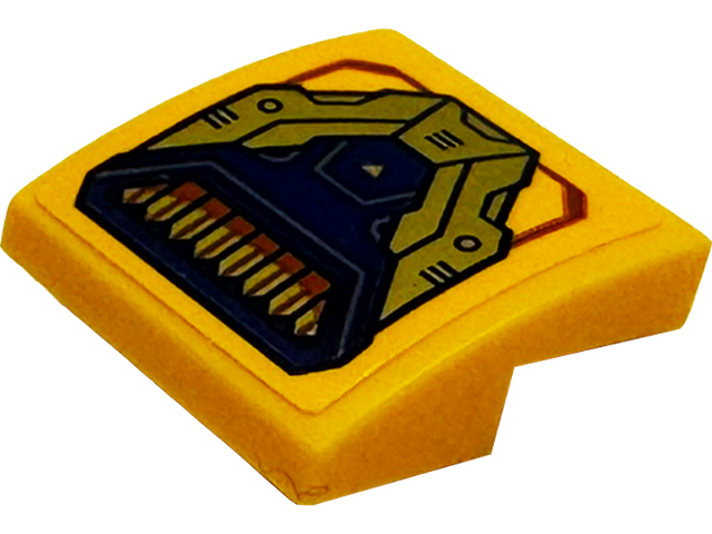 Lego Slope, Curved 2 x 2 x 2/3 with Dark Blue and Gold Armor Plates Pattern (Sticker) - Set 71833 / Bright Light Orange