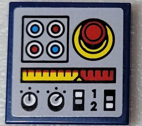 Lego Tile 2 x 2 with 4 Buttons, Gauge, Number 1 and 2, Dials and Joystick Pattern (Sticker) - Set 10303 / Dark Blue