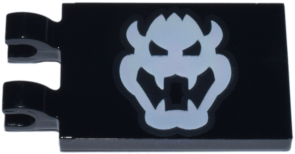 Lego Tile, Modified 2 x 3 with 2 Clips with White Bowser Head Pattern / Black