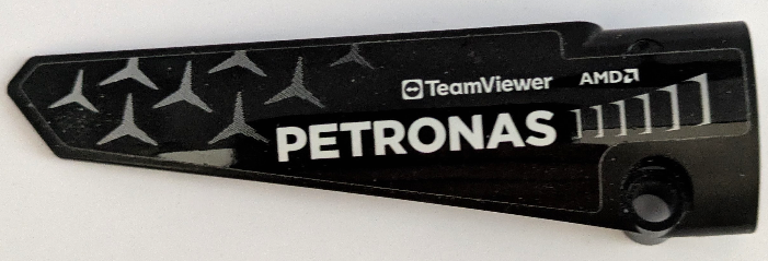 Lego Technic, Panel Fairing # 5 Long Smooth, Side A with White 'PETRONAS', 'AMD' and 'TeamViewer', Silver Air Vents and Mercedes-Benz Logo Repeating Pattern (Sticker) - Set 42165 / Black