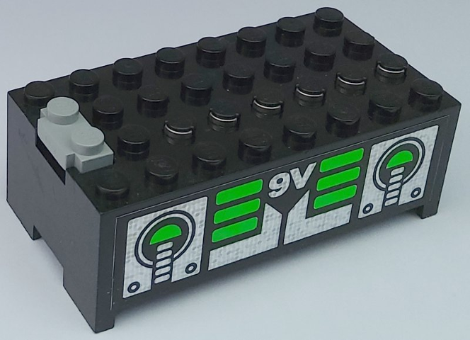 Lego Electric 9V Battery Box Small without Battery Cover with Unitron Silver / Green Pattern on Both Sides (Stickers) - Set 6991 / Black