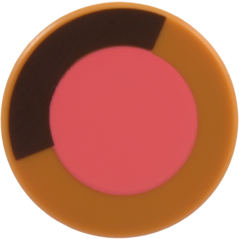 Lego Tile, Round 2 x 2 with Bottom Stud Holder with Coral Circle and Dark Brown Arc Pattern / Medium Nougat