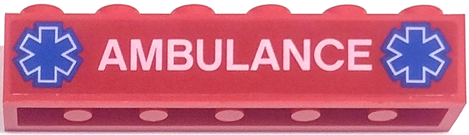 Lego Brick 1 x 6 with White 'AMBULANCE' and 2 Blue EMT Star of Life Pattern (Sticker) - Set 60204 / Red
