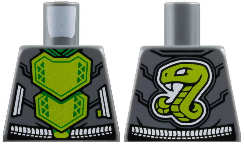 Lego Torso Armor, Lime Breastplate with Bright Green Triangles and Trim, White Belt, Snake on Back Pattern / Dark Bluish Gray