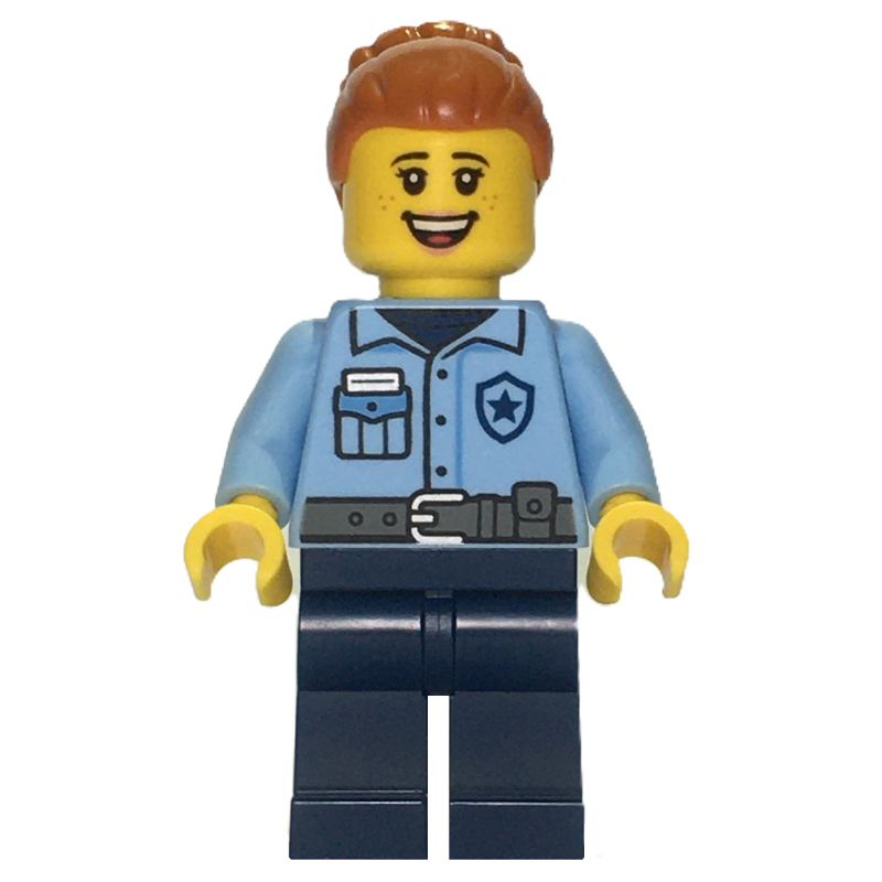 Lego Police Officer, Bright Light Blue Torso, Dark Blue Legs, Dark Orange Hair