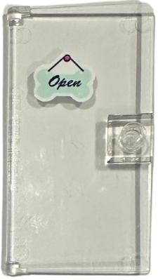 Lego Door 1 x 4 x 6 with Stud Handle with 'Open' on Light Aqua Bone Shaped Sign Pattern (Sticker) - Set 41691 / Trans-Clear