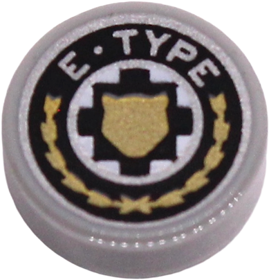 Lego Tile, Round 1 x 1 with Gold Jaguar Face Silhouette, Black and Silver Circles with "E TYPE" Emblem Pattern