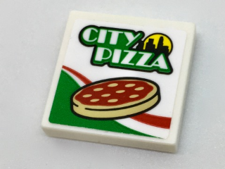 Lego Tile 2 x 2 with 'CITY PIZZA', Skyline, Pizza and Italian Flag Colors Pattern (Sticker) - Set 60150
