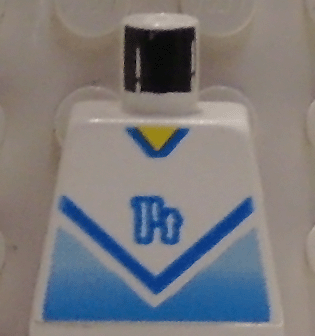 Lego Torso Soccer Jersey Shirt with Blue Chevron and Number 14, Yellow Neck Pattern / White