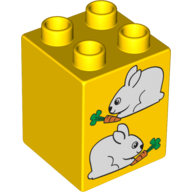 Lego Duplo Brick 2 x 2 x 2 with Two Rabbits Print / Yellow