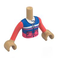Lego Minidoll Torso Girl with Blue/Coral Jacket, Zipper, Pockets, White Collar Print, Warm Tan Arms and Hands / Warm Tan