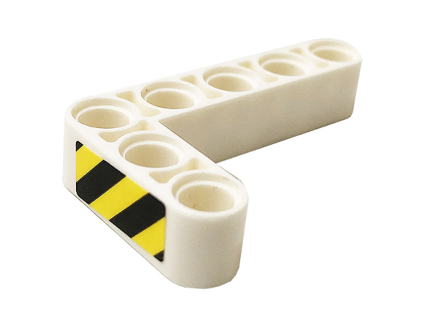 Lego Technic, Liftarm, Modified Bent Thick L-Shape 3 x 5 with Black and Yellow Danger Stripes Pattern (Sticker) - Set 70915 / White