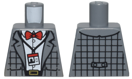 Lego Torso Plaid Suit Jacket Open over White Button Up Shirt, Red Bow Tie, ID Badge on Lanyard, Black Belt with Gold Buckle Pattern / Dark Bluish Gray