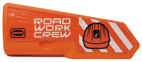 Lego Technic, Panel Fairing #22 Very Small Smooth, Side A with 'ROAD WORK CREW', Construction Helmet and Orange and White Danger Stripes Pattern (Sticker) - Set 42060 / Orange