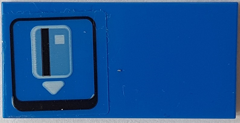 Lego Tile 2 x 4 with Medium Blue Debit / Credit Card and White Triangle inside Black Rounded Square Pattern (Sticker) - Set 76082 / Blue