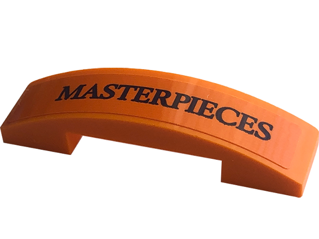Lego Slope, Curved 4 x 1 x 2/3 Double with Black 'MASTERPIECES' Pattern (Sticker) - Set 76422 / Orange