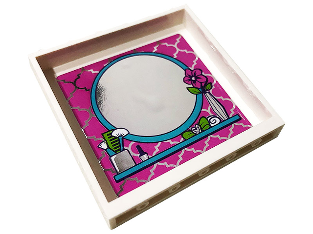 Lego Panel 1 x 6 x 5 with Mirror, Flower in Vase, Bow and Brushes with Comb Pattern on Inside (Sticker) - Set 41391 / White