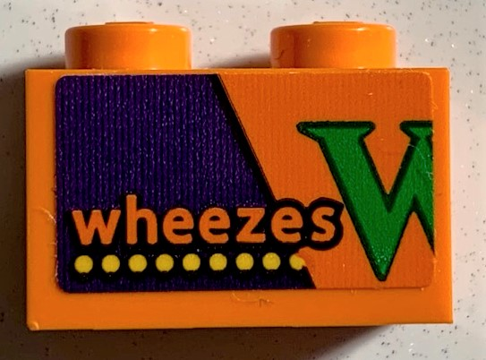 Lego Brick 1 x 2 with 'wheezes' and Yellow Dots on Dark Purple Background, Partial Green Letter W Pattern (Sticker) - Set 75978